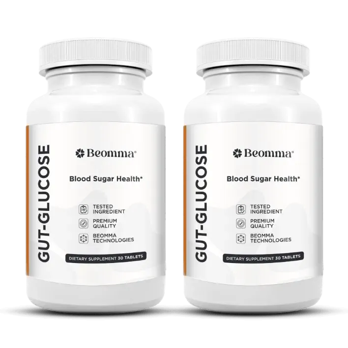 GutGlucose gut microbiome blood sugar supplement bottle with prebiotic berberine and Ceylon cinnamon formula