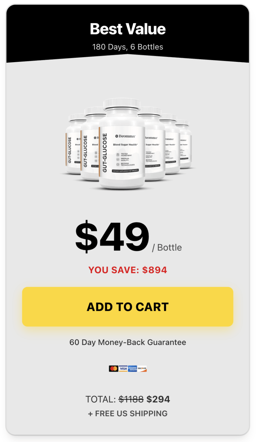 GutGlucose 6 bottle 180-day supply best value package with free US shipping